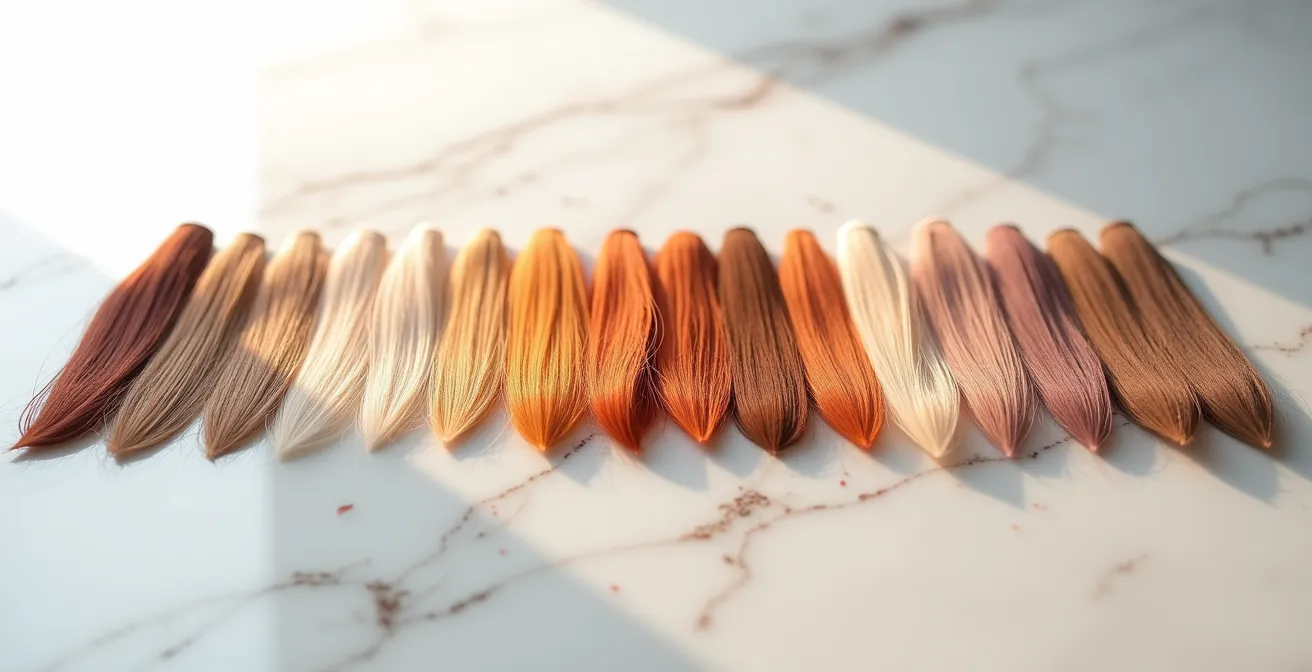 Palette professionnelle de nuances de coloration cheveux, echantillons de teintes variées arrangees artistiquement