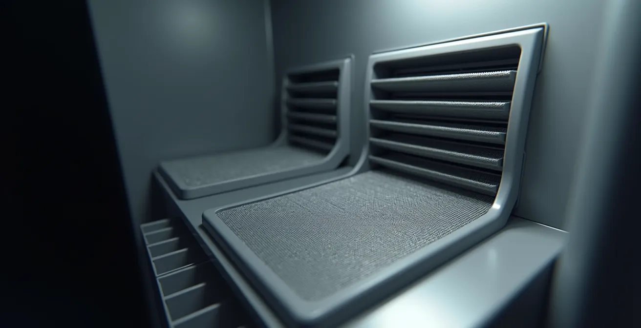 Schéma visuel montrant la circulation d'air dans un réfrigérateur encastrable avec entrées basses et sorties hautes