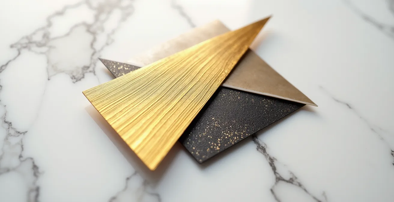 Échantillons de matériaux nobles disposés sur une surface en marbre
