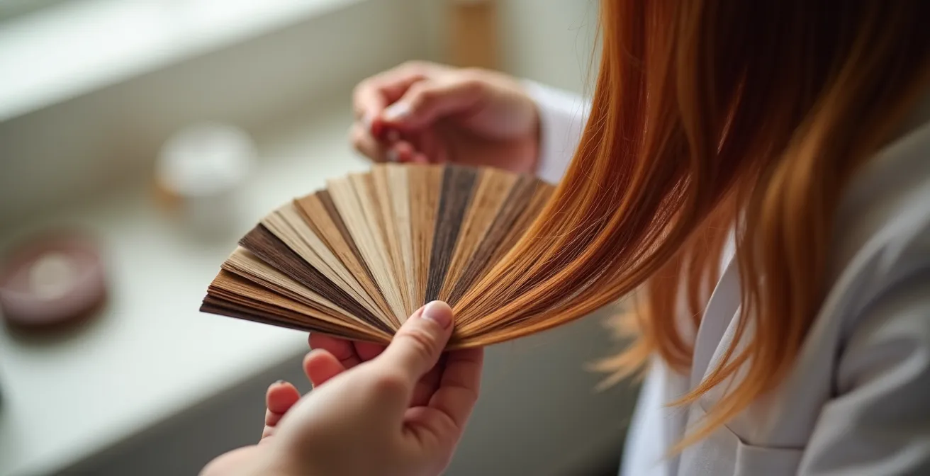 Mains expertes manipulant des échantillons de cheveux colorés