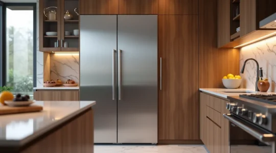 Réfrigérateur encastrable intégré harmonieusement dans une cuisine moderne, offrant une installation discrète et élégante