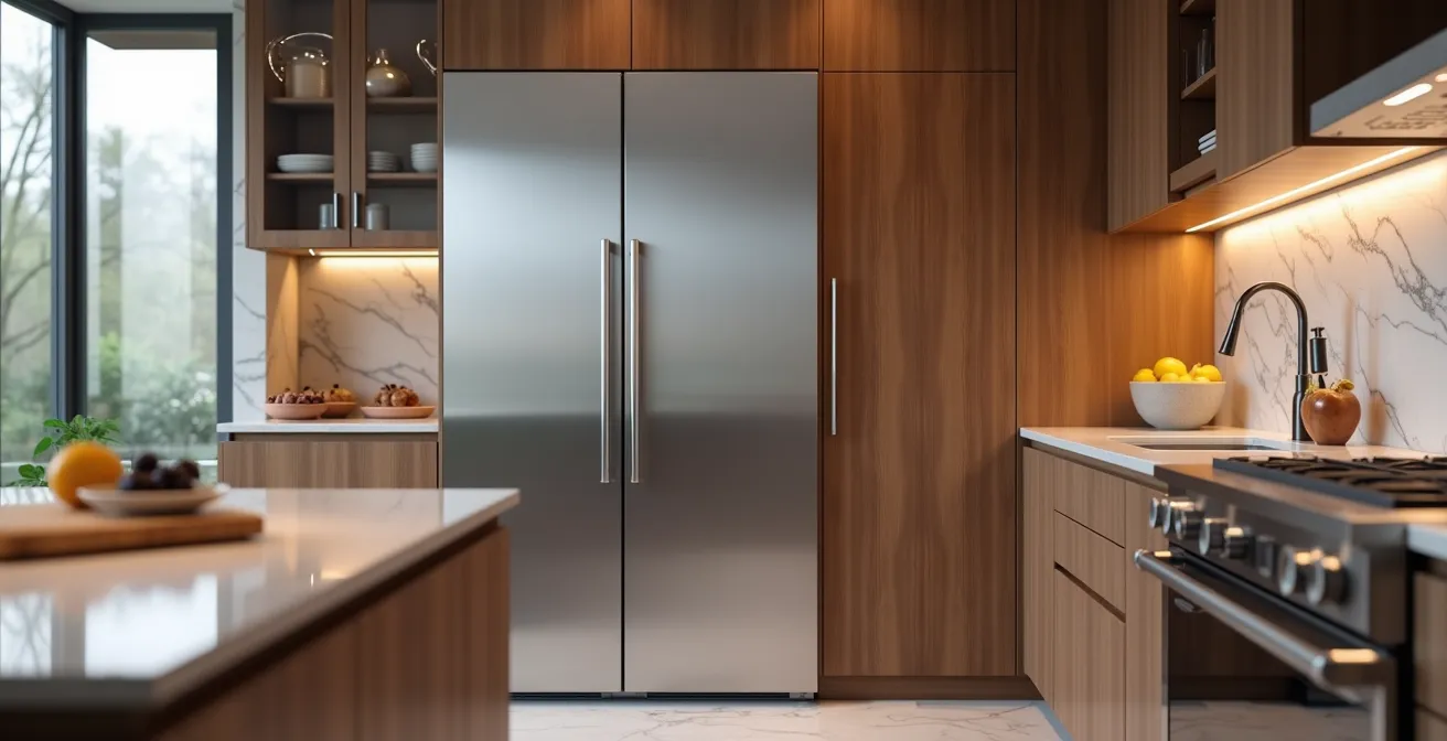 Réfrigérateur encastrable intégré harmonieusement dans une cuisine moderne, offrant une installation discrète et élégante