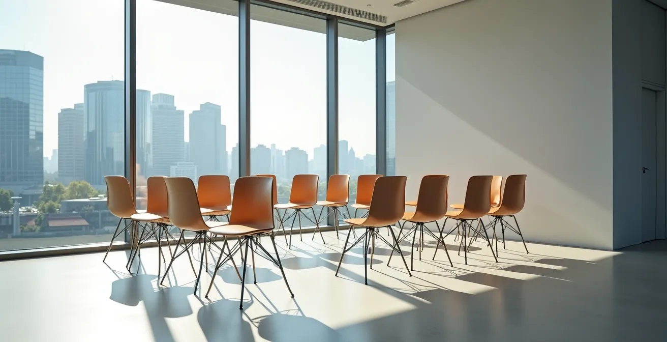 Vue large d'une salle de réunion moderne avec chaises disposées en cercle