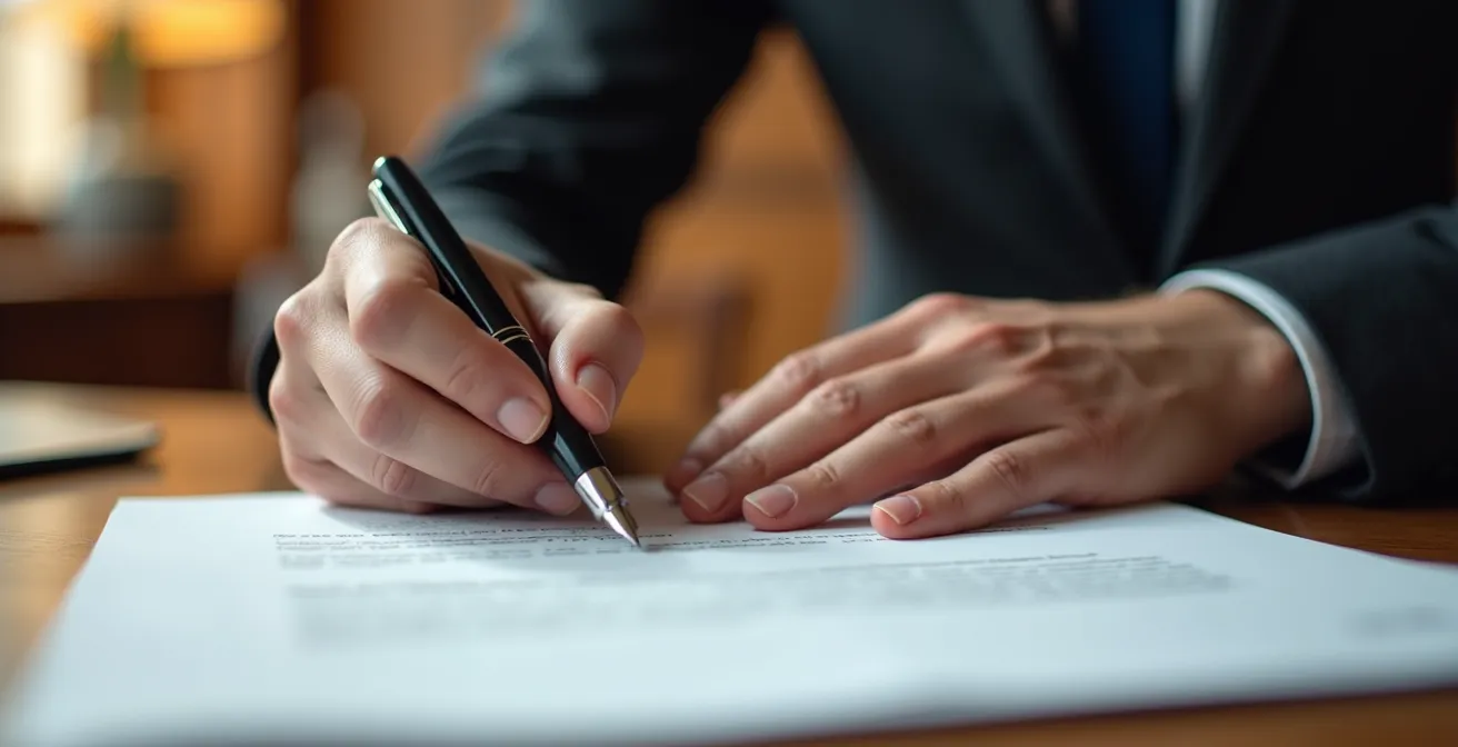 Mains signant un contrat avec stylo plume sur bureau en bois