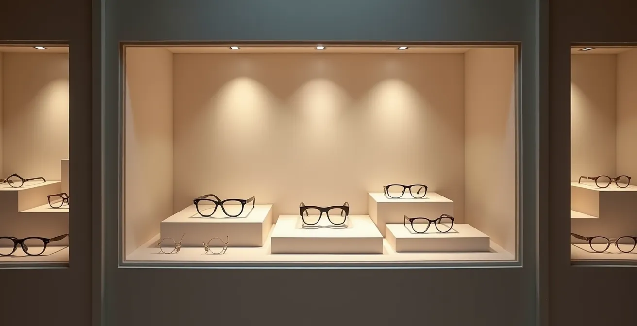 Vitrine élégante présentant différentes collections de lunettes de luxe