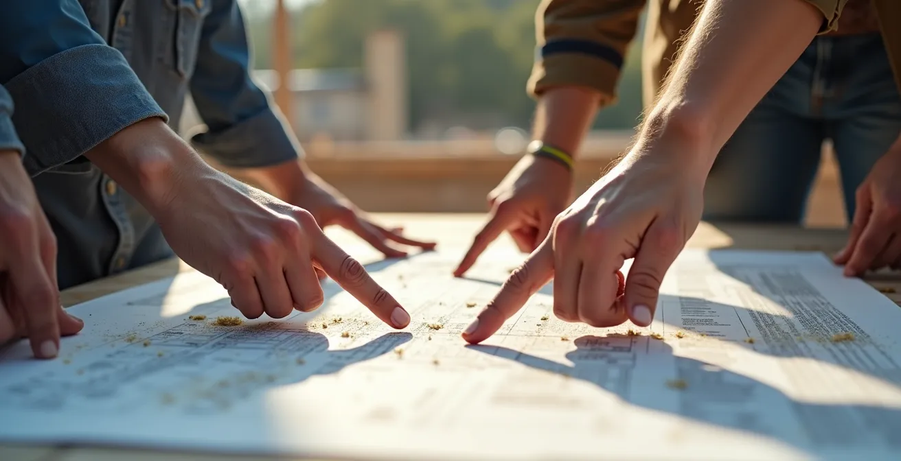 Mains de professionnels pointant sur des documents techniques sur chantier