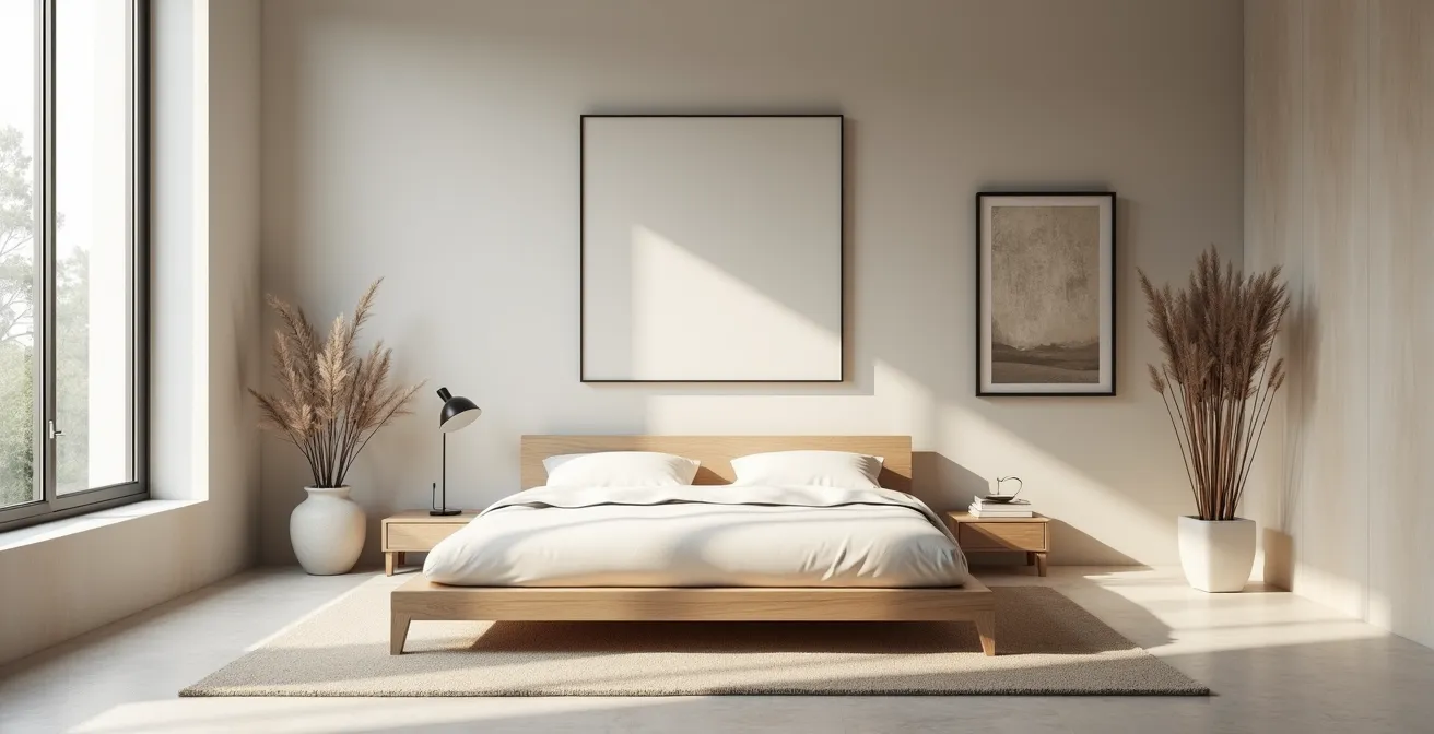 Vue environnementale minimaliste d'une chambre avec focus sur l'architecture du lit et l'espace épuré