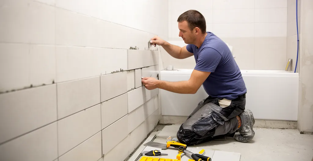 Artisan de profil posant du carrelage mural dans une salle de bain en rénovation