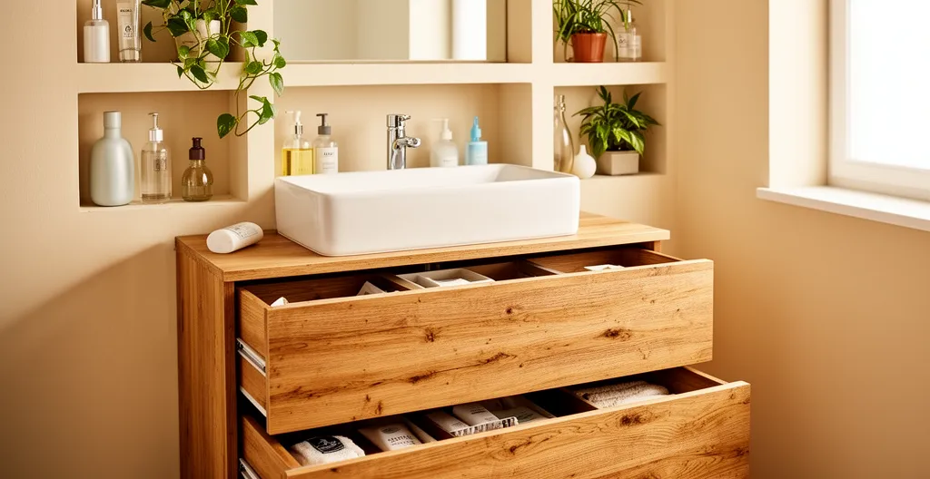 Meuble vasque avec tiroirs ouverts montrant une organisation de rangements