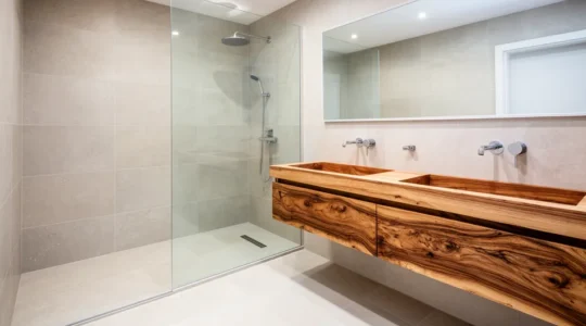 Salle de bain rénovée avec douche italienne vitrée et double vasque en bois