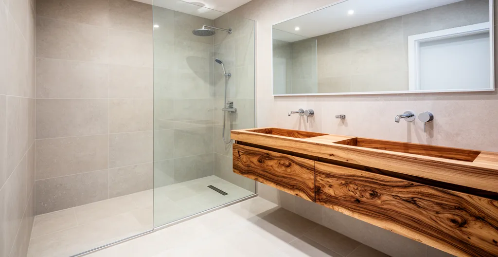 Salle de bain rénovée avec douche italienne vitrée et double vasque en bois