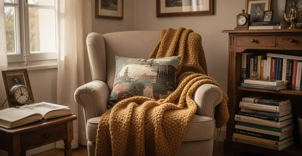 Coin lecture cosy avec fauteuil et objets personnels reflétant la personnalité des habitants