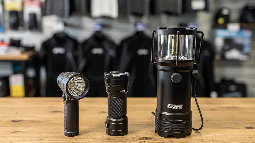 Deux lampes de plongée de tailles différentes posées sur un établi de boutique spécialisée