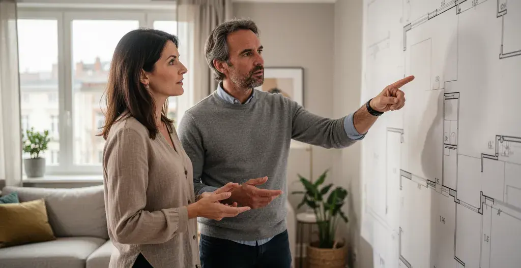 Discussion entre designer d'intérieur et client dans un salon en cours d'aménagement