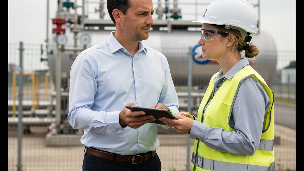 Consultant énergie et responsable usine devant installation propane