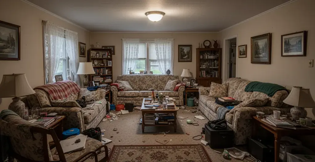 Salon avec accumulation de meubles dépareillés illustrant un aménagement incohérent