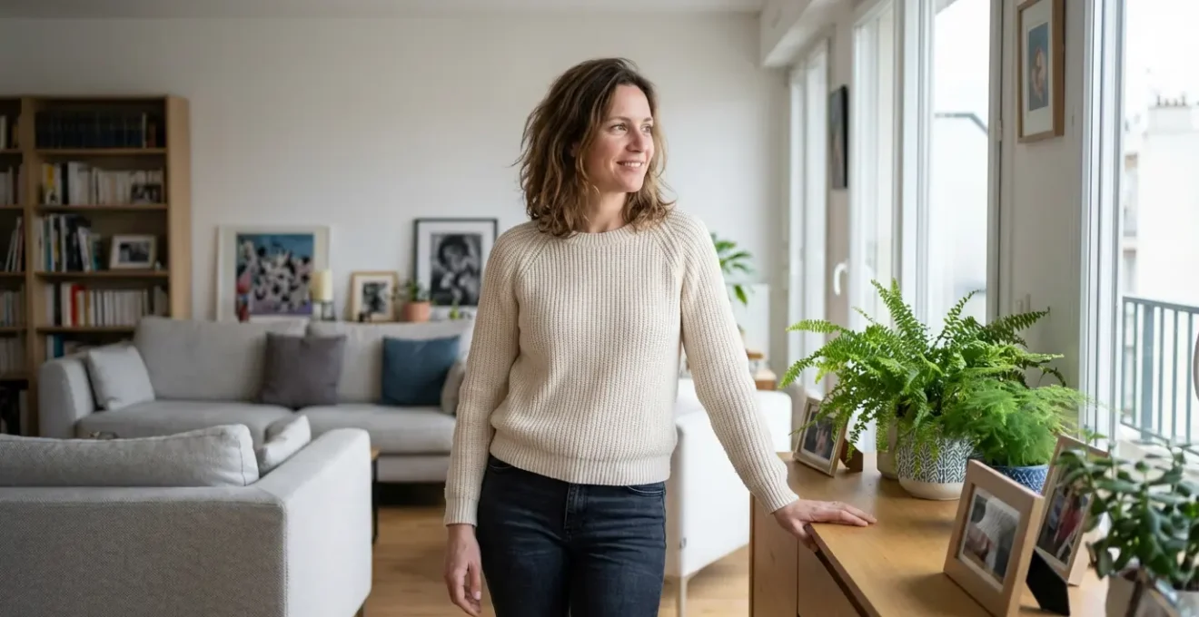 Femme contemplant son salon moderne personnalisé avec satisfaction