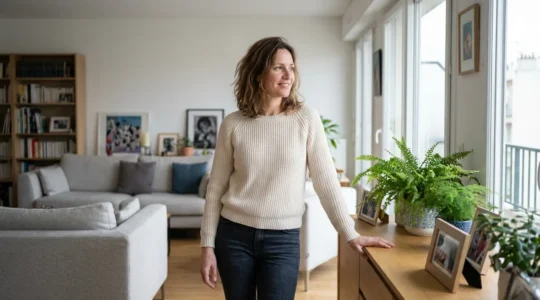 Femme contemplant son salon moderne personnalisé avec satisfaction