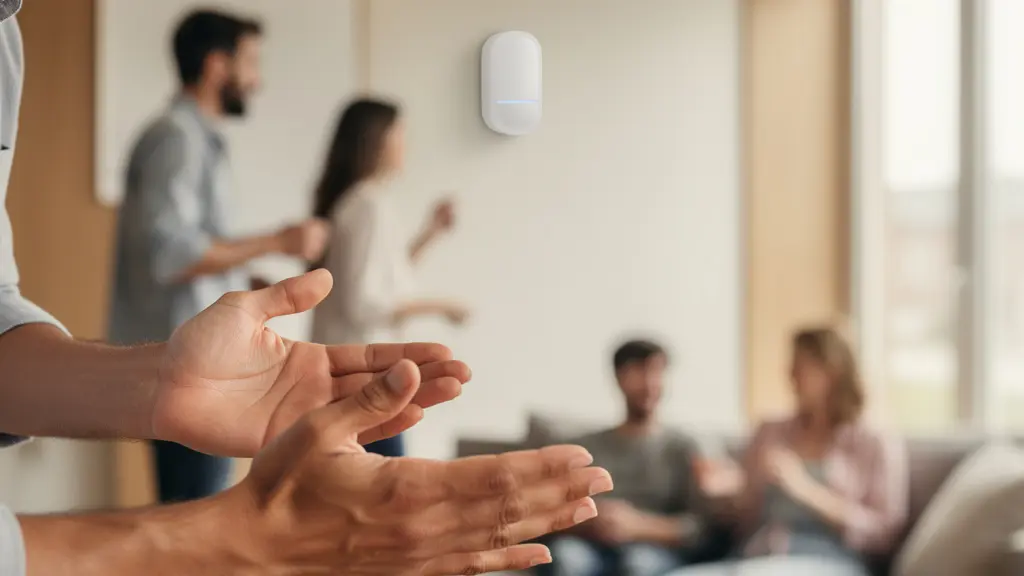 Capteur d'alarme sans fil discret installé dans un salon moderne lumineux