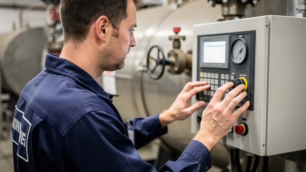 Technicien inspectant une installation de chaufferie industrielle au propane