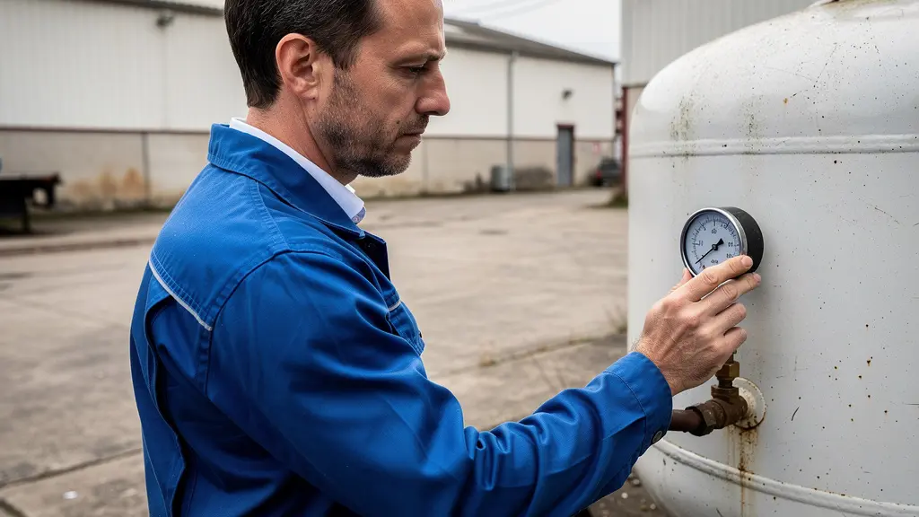 Technicien inspectant jauge citerne propane entreprise industrielle