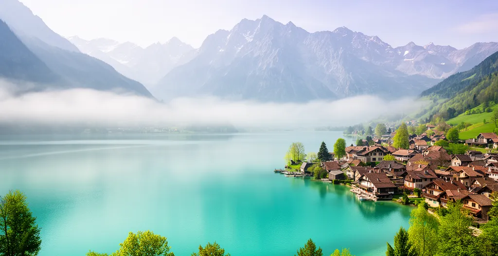 Vue panoramique de la baie de Talloires avec le lac d'Annecy et les montagnes environnantes