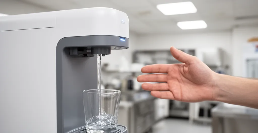Main approchant un capteur sans contact sur une fontaine à eau professionnelle Touchless