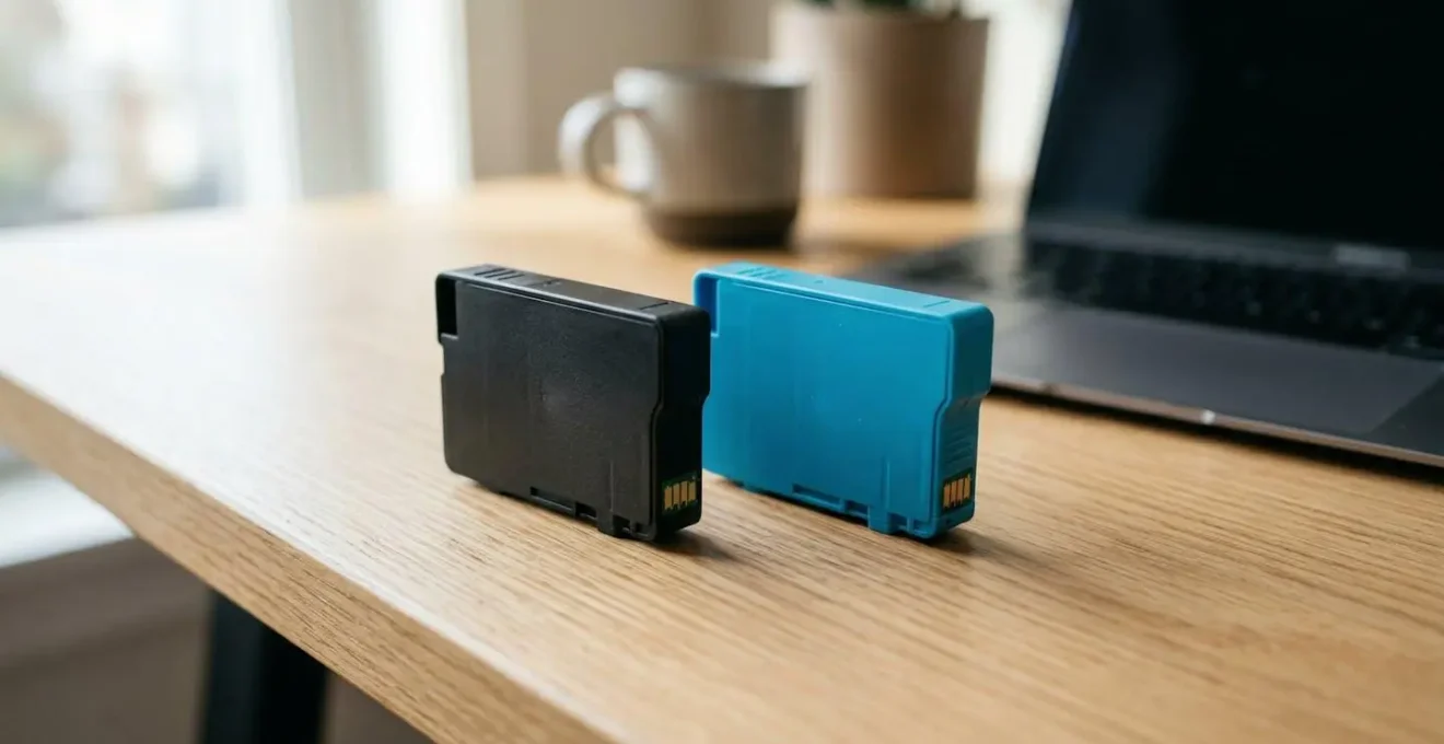 Deux cartouches d'encre posées sur un bureau en bois clair à côté d'un clavier d'ordinateur