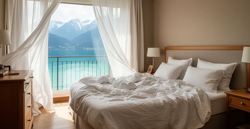 Chambre d'hôtel lumineuse du Cottage Bise avec vue sur le lac d'Annecy à travers la baie vitrée