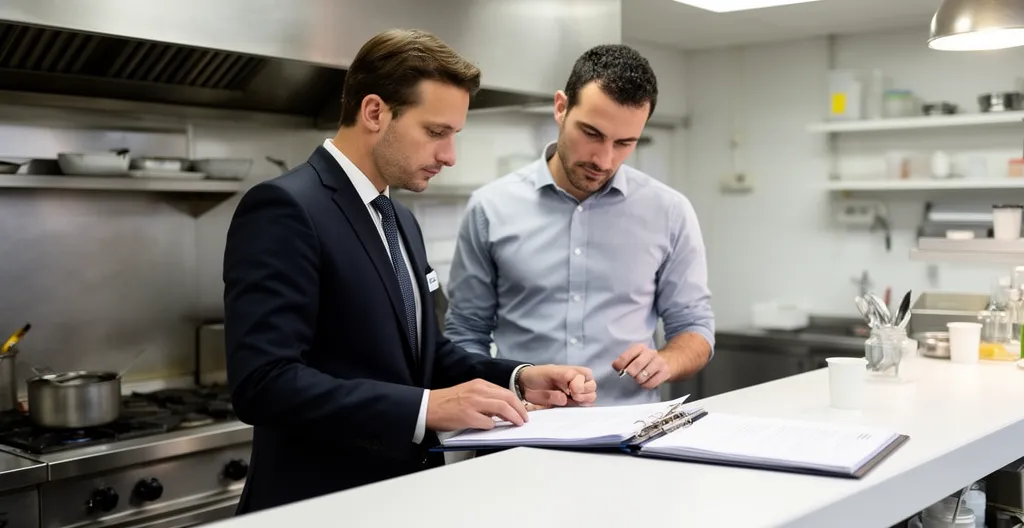 Inspecteur sanitaire et restaurateur consultant un classeur de documents de traçabilité