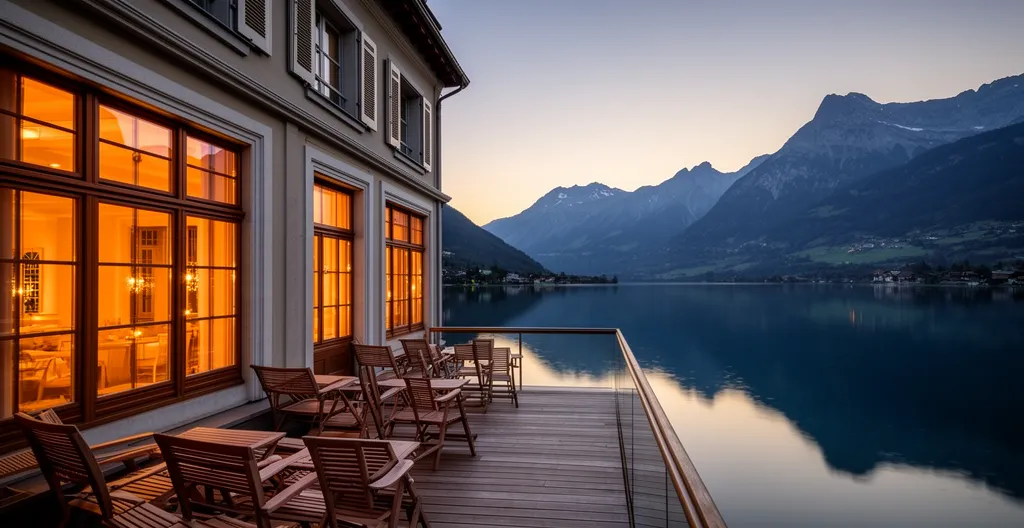 Hôtel de charme Cottage Bise au bord du lac d'Annecy avec lumières chaudes au crépuscule