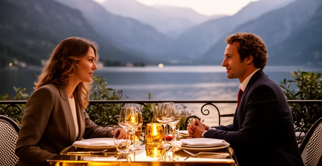 Couple dînant en terrasse au bord du lac d'Annecy pendant l'heure dorée