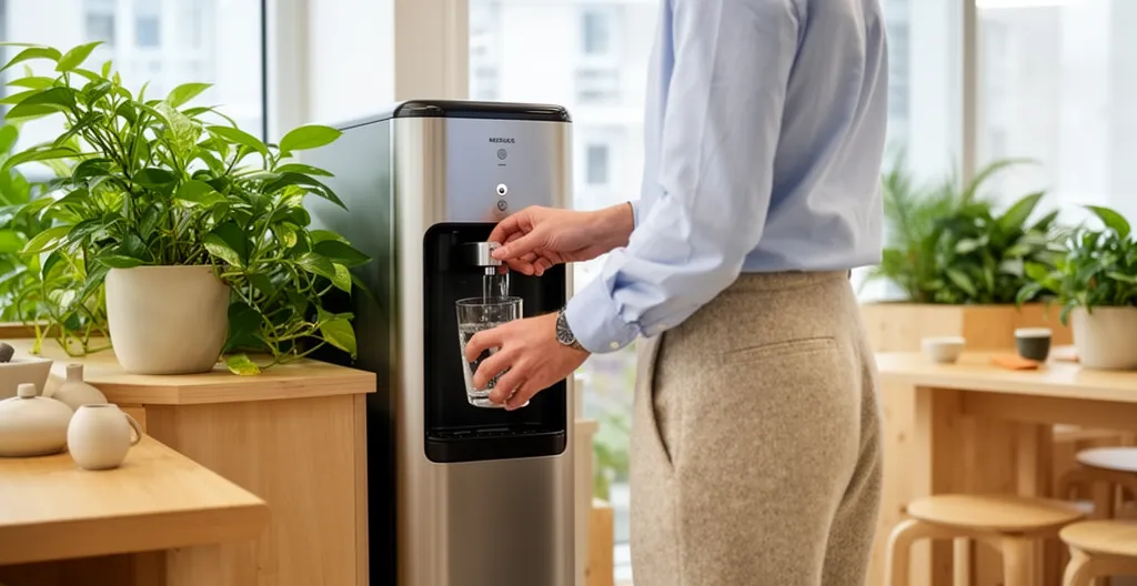 Collaborateur se servant un verre d'eau à une fontaine à bonbonne moderne dans un espace de pause lumineux