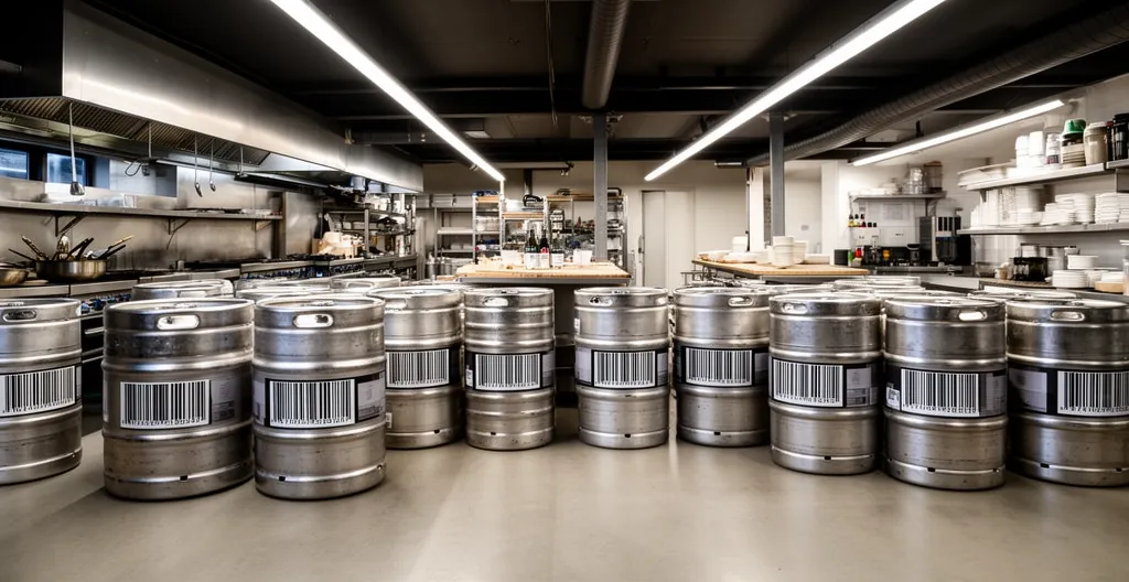 Fûts de collecte d'huiles alimentaires usagées alignés dans une zone de stockage propre