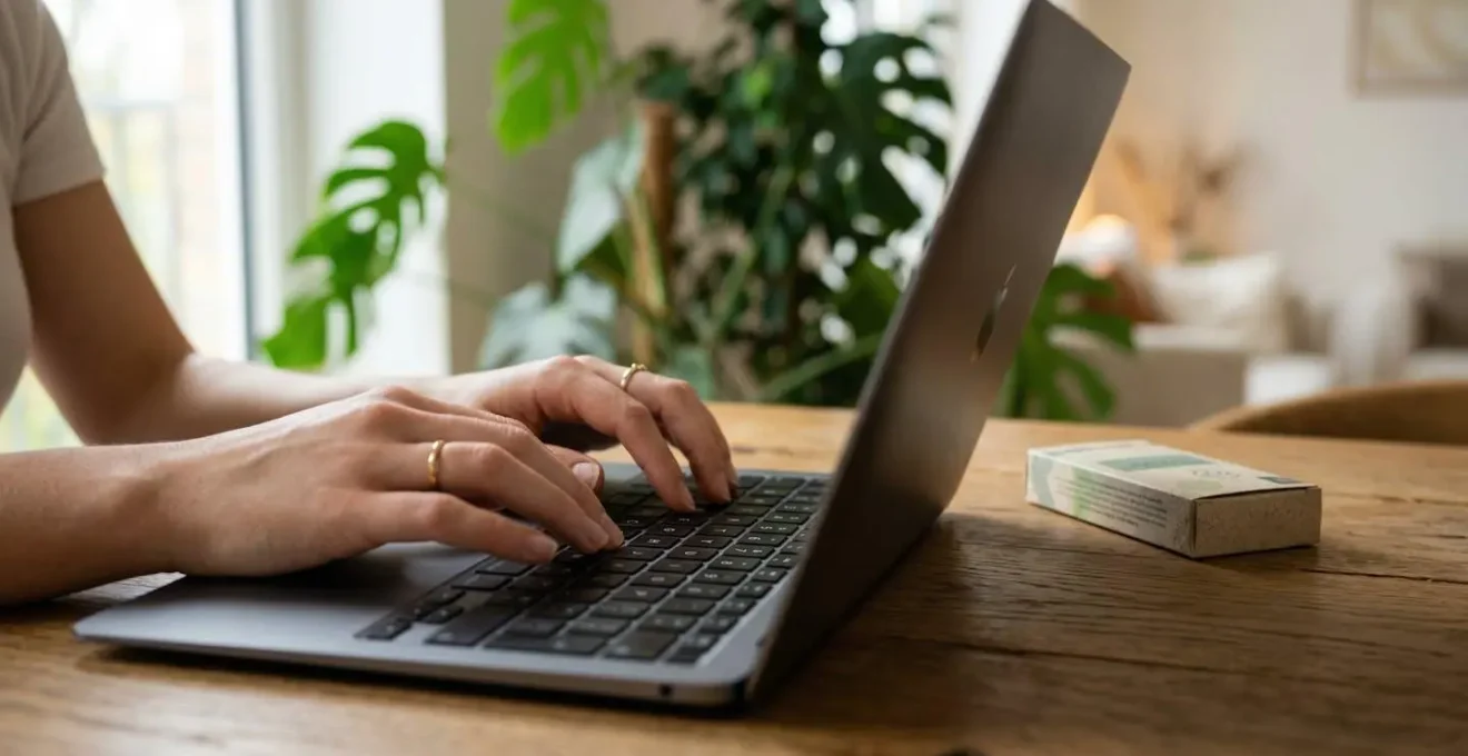 Mains tapant sur un clavier d'ordinateur portable avec un emballage de cartouche posé à côté sur le bureau