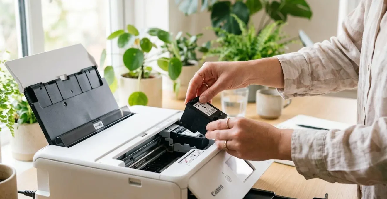 Deux mains installant une cartouche d'encre dans une imprimante ouverte, dans un espace de bureau lumineux