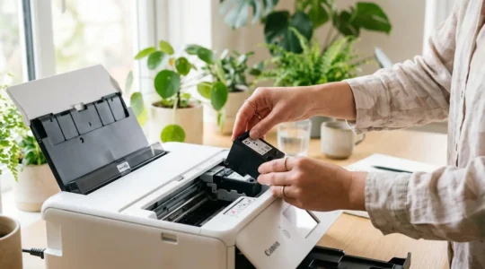 Deux mains installant une cartouche d'encre dans une imprimante ouverte, dans un espace de bureau lumineux