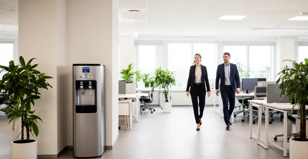 Espace de travail moderne avec fontaine à eau accessible près des postes de travail