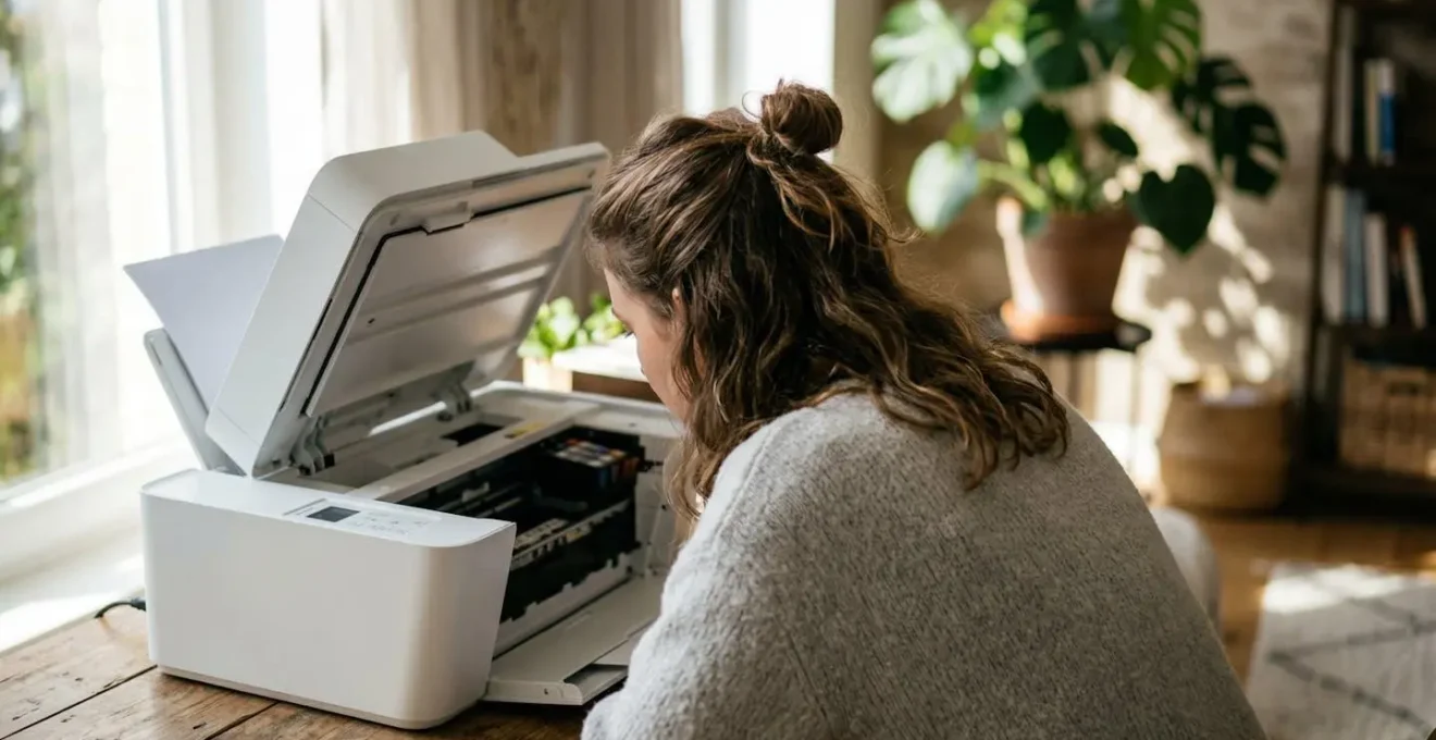 Une personne vue de dos examine l'intérieur du capot ouvert d'une imprimante dans un bureau moderne