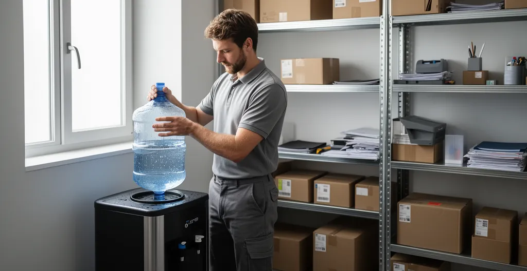 Technicien manipulant une bonbonne d'eau près d'une fontaine à chargement par le bas