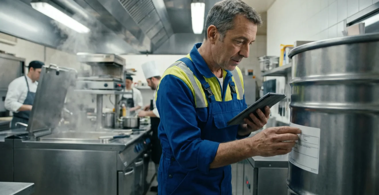 Technicien vérifiant un fût de collecte d'huiles usagées dans une cuisine de restaurant