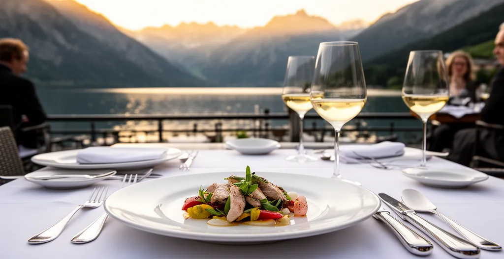Terrasse du restaurant Les Terrasses du Cottage Bise avec vue sur le lac d'Annecy au coucher du soleil