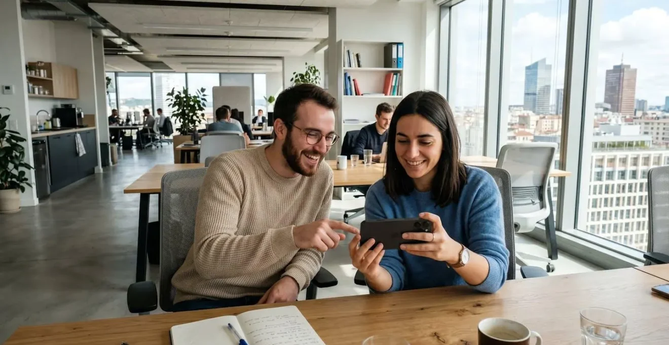 Deux collègues regardant ensemble une vidéo sur un smartphone en mode paysage dans un bureau contemporain lumineux