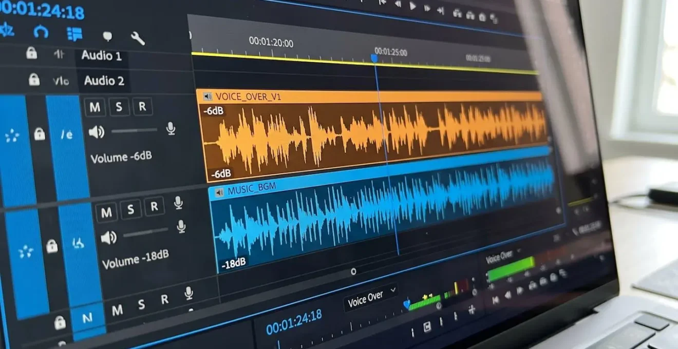 Très gros plan sur une interface d'édition vidéo montrant deux pistes audio parallèles avec waveforms colorées et curseurs de volume