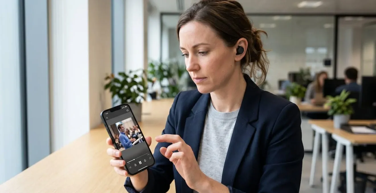 Professionnelle en train de tester une vidéo sur son smartphone avec écouteurs dans un espace de travail moderne et lumineux