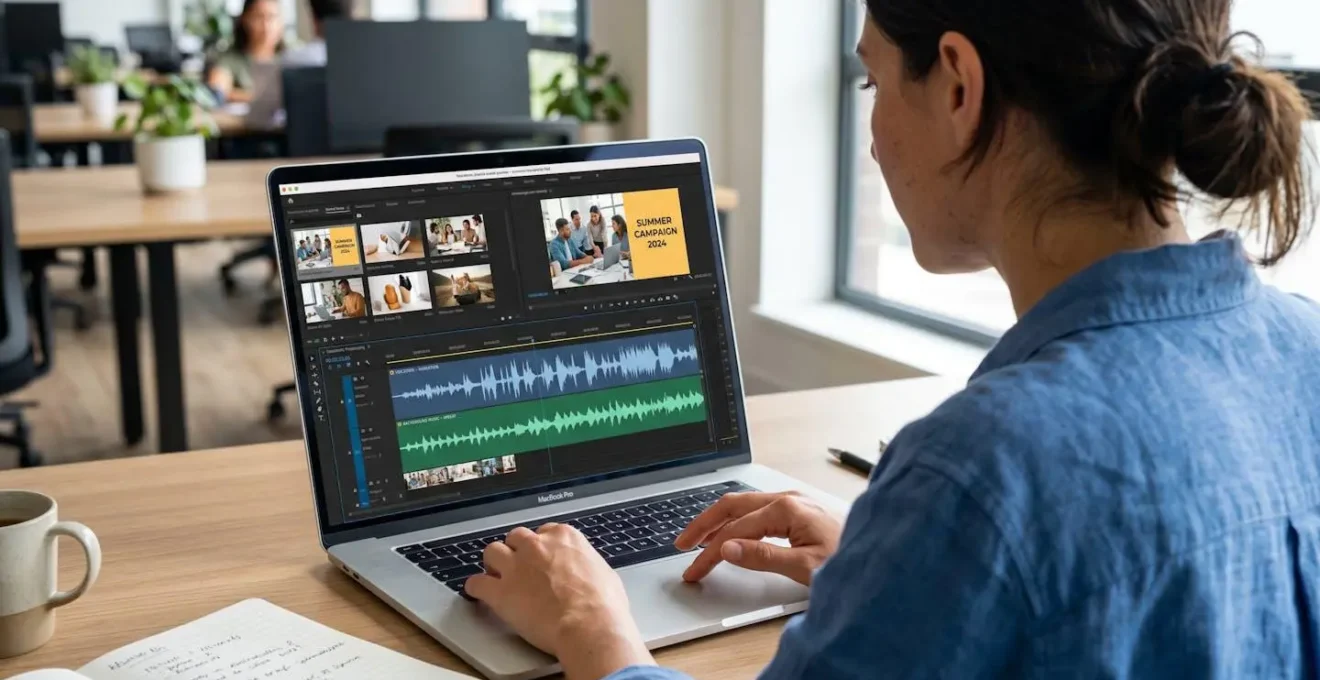Responsable marketing en train d'éditer une vidéo sur son ordinateur portable, vue par-dessus l'épaule montrant une interface de timeline audio avec deux pistes distinctes