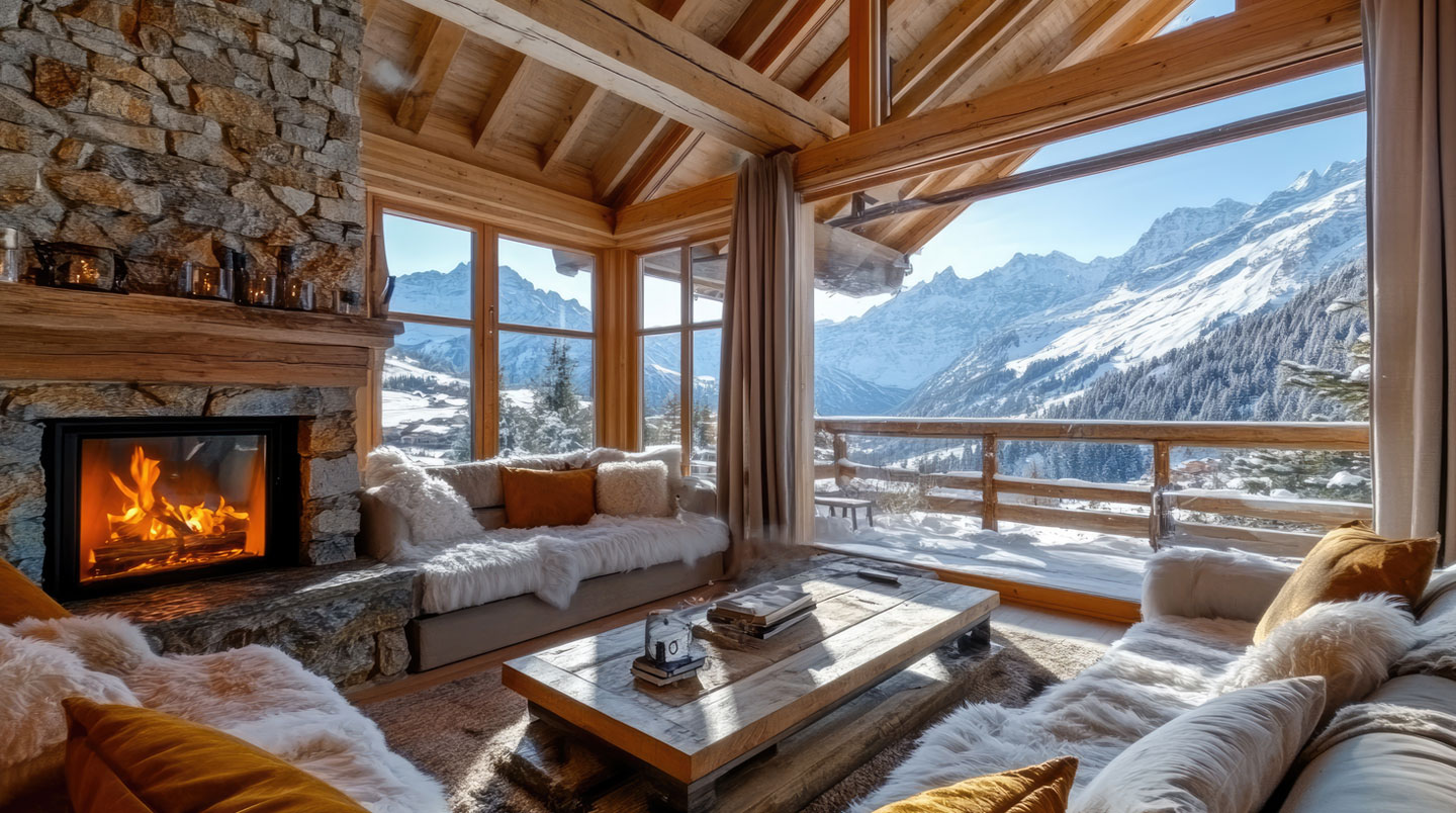 Vue isométrique éclatée d'un chalet de montagne montrant ses espaces clés : salon avec cheminée, espace spa, terrasse avec vue montagne et local à skis