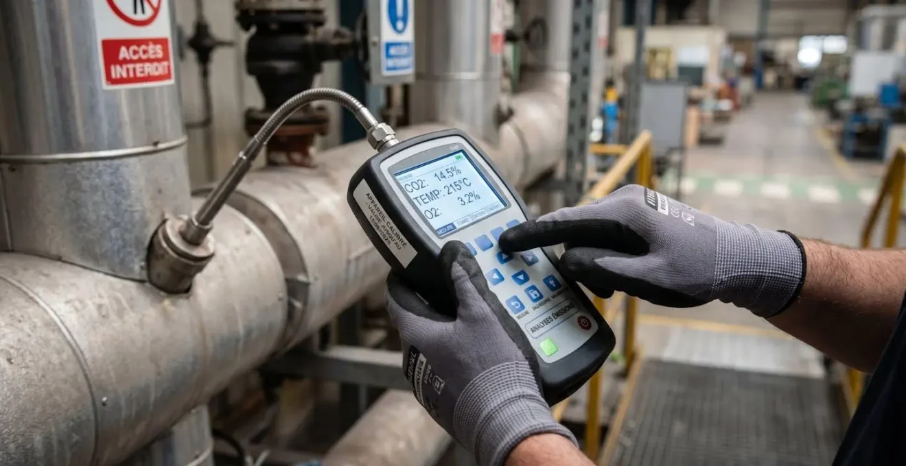 Consultant expert en environnement effectuant mesures techniques de conformité avec appareil de diagnostic sur installation industrielle d'une PME française