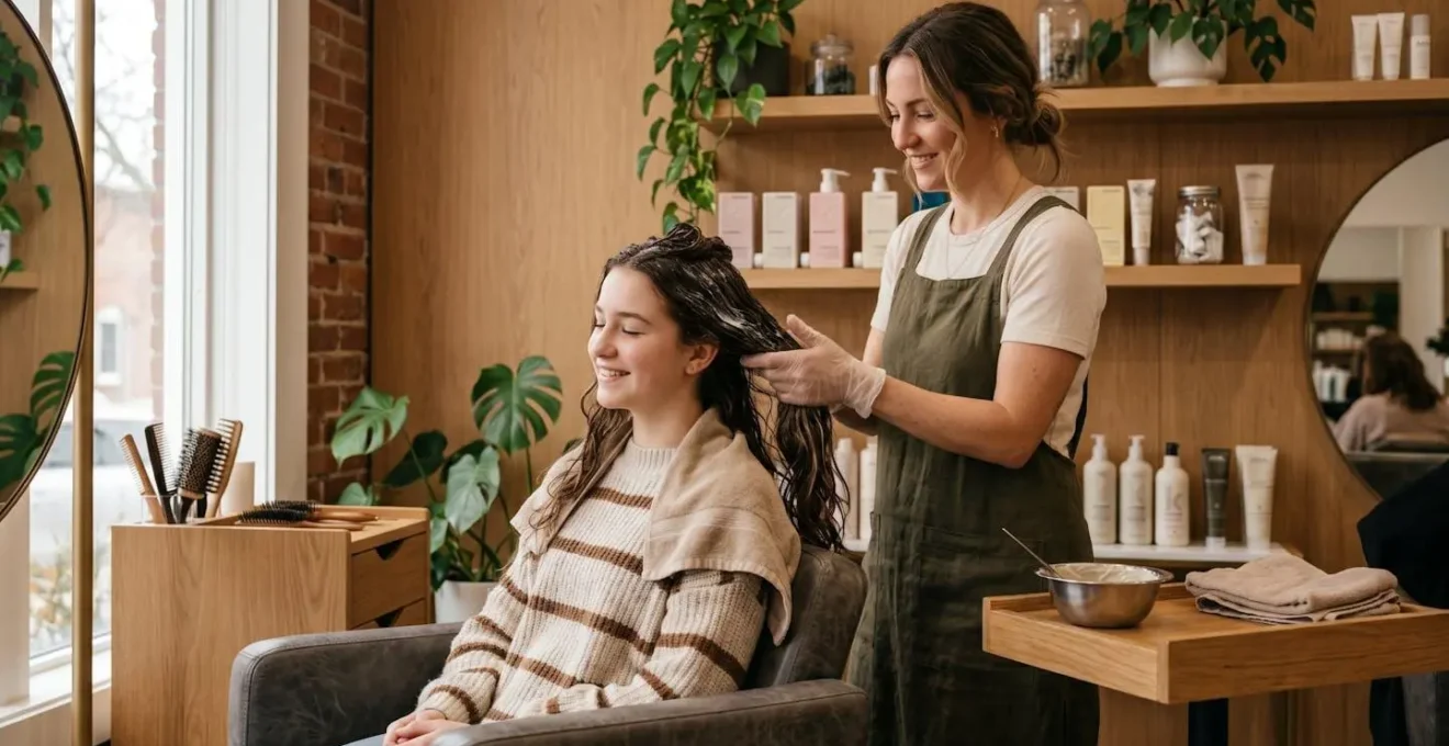Coiffeuse professionnelle appliquant un masque capillaire naturel sur les cheveux d'une jeune fille, dans une ambiance lumineuse et douce