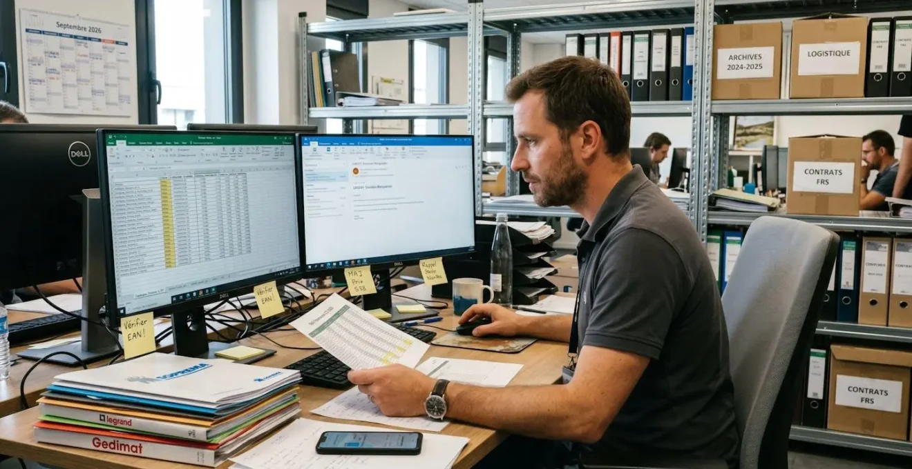 Collaborateur d'un distributeur spécialisé recherchant activement des informations produits sur double écran affichant multiples tableurs Excel ouverts, entouré de dossiers fournisseurs papier et documents imprimés, posture traduisant la concentration et l'urgence de la recherche manuelle dans un bureau opérationnel moderne